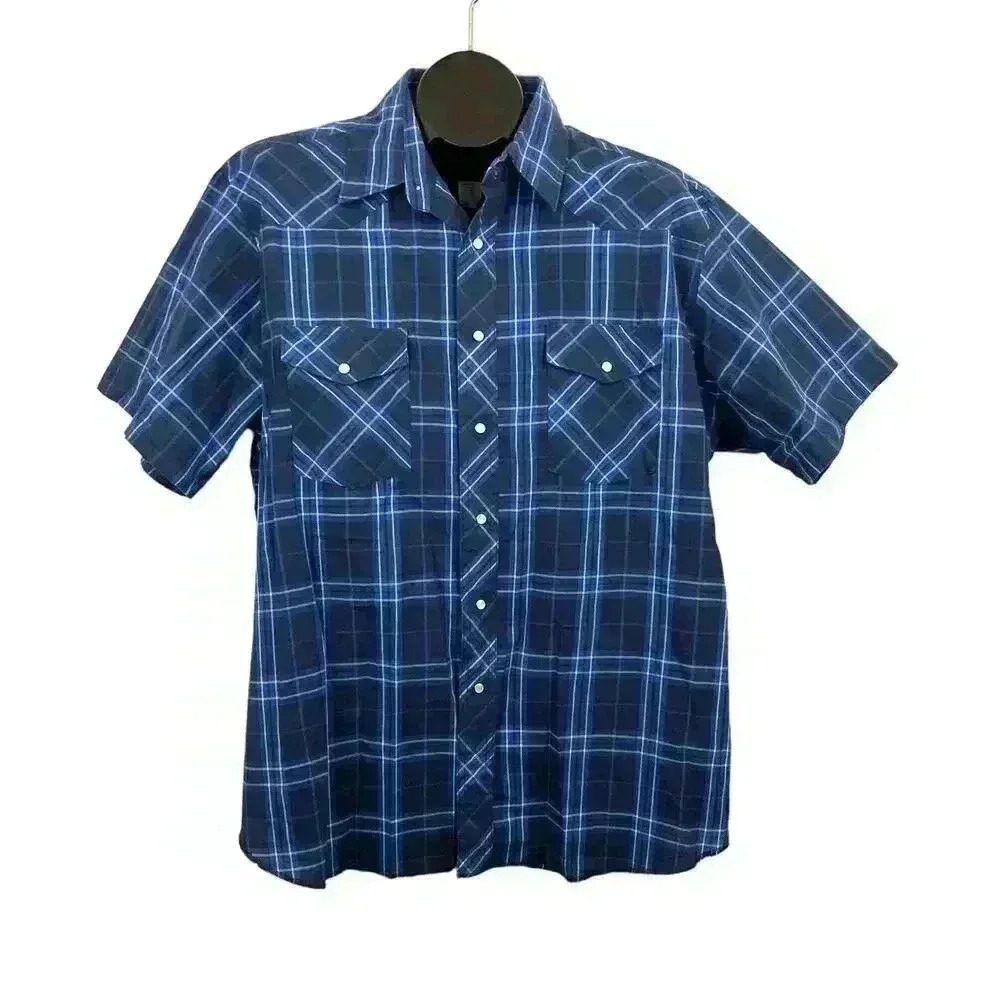 Rustler Blue Plaid Pearl Snap Western Shirt XL Short Sleeve‎ X Long Tails